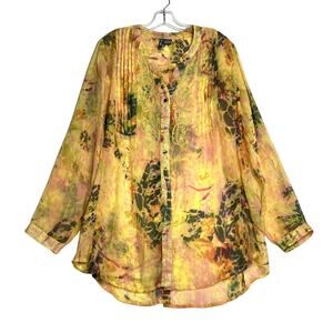 ANU Long Sleeve Embroidered Pleated Sheer Button Up Shirt Yellow Womens Large